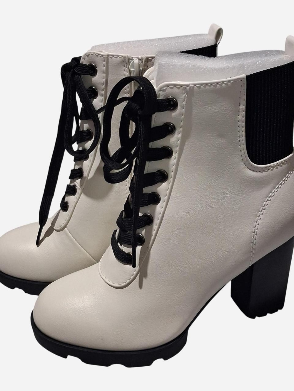 BAMBOO White Lace-Up Chunky Heel Ankle Boots with Black Trim